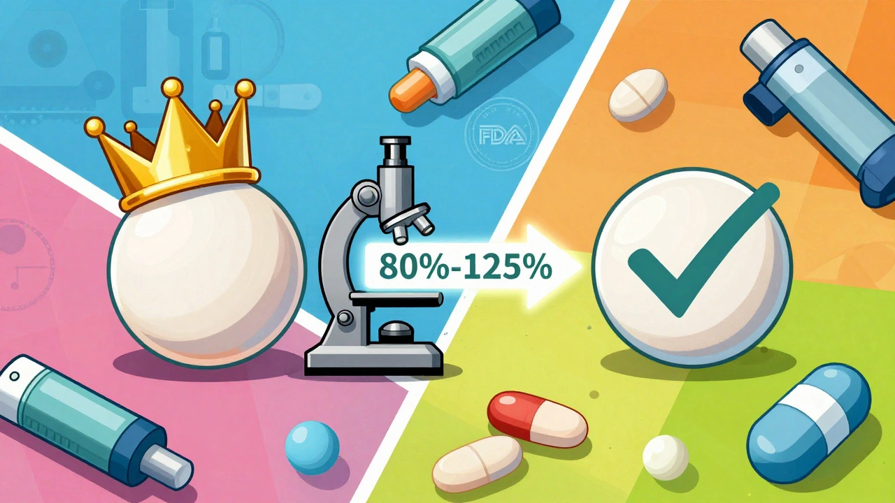 Brand-name pill and generic pill connected by a bioequivalence arrow, shown in geometric cartoon style.