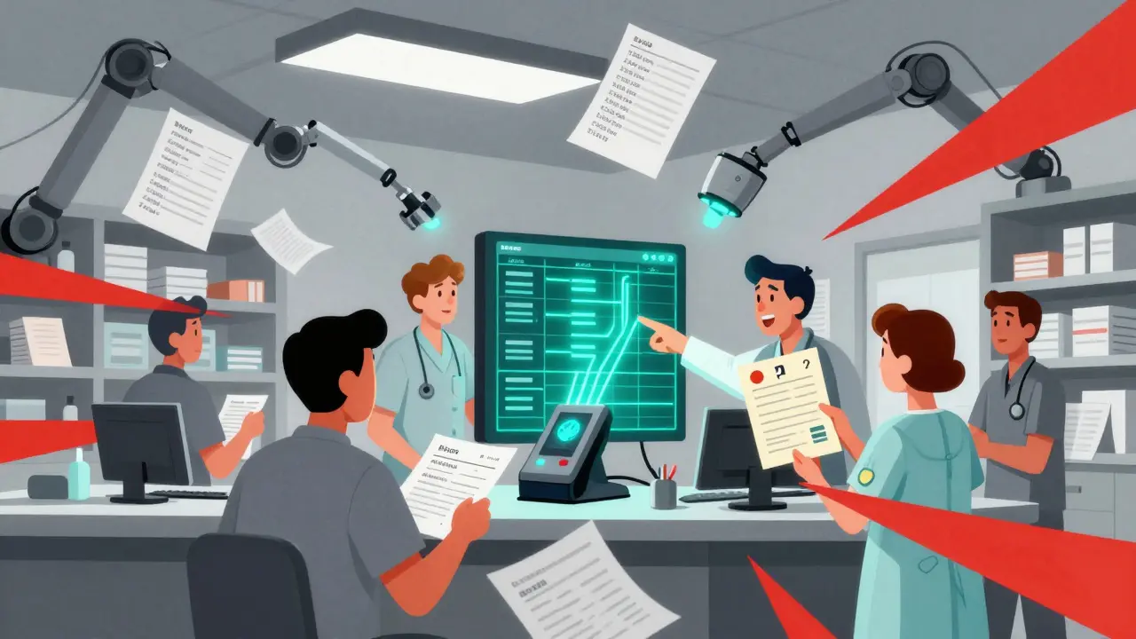 Chaotic pharmacy with floating duplicate patient records, a palm scanner glowing, and staff overwhelmed by paper files in Constructivist style.