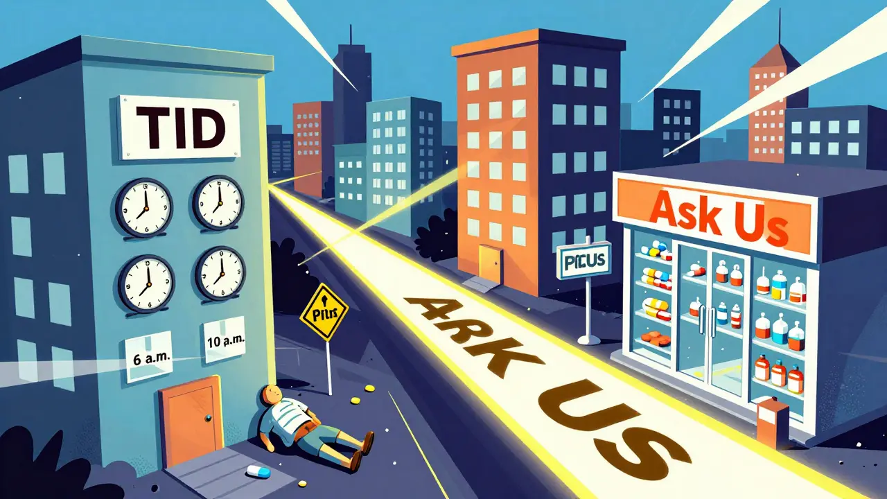 Cityscape of medication instructions with clean English path cutting through chaotic symbols.