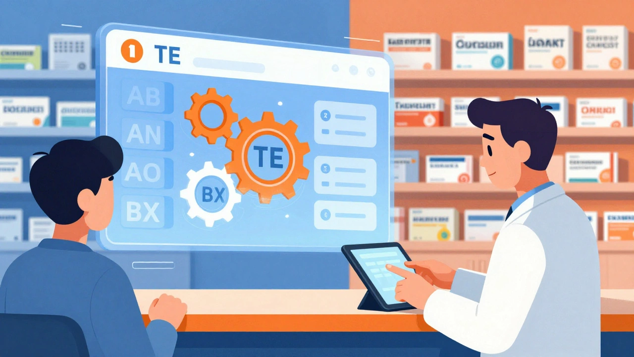 Digital Orange Book interface with spinning TE codes above a pharmacy counter, in Constructivist illustration style.