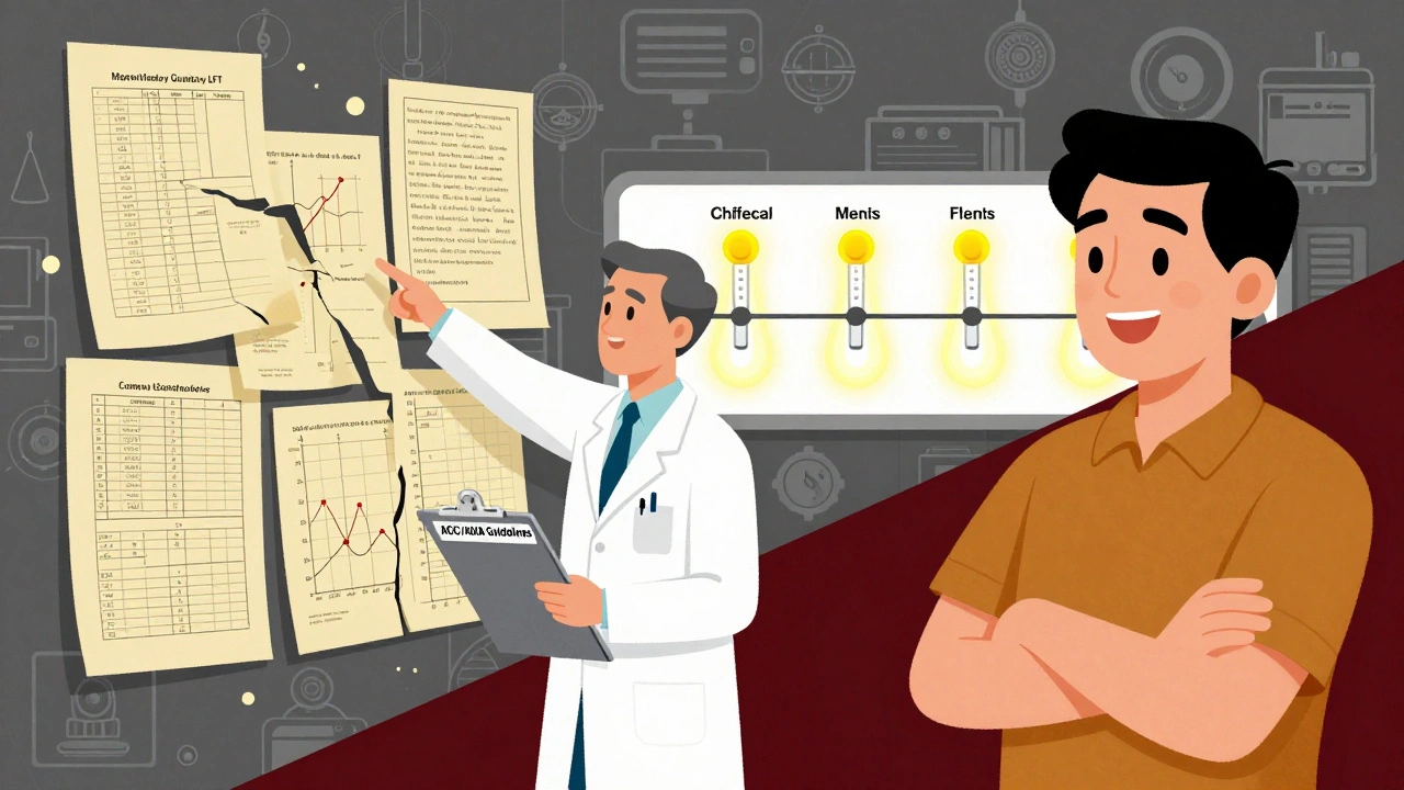 Doctor pointing away from outdated lab charts toward a clean timeline of essential statin tests.