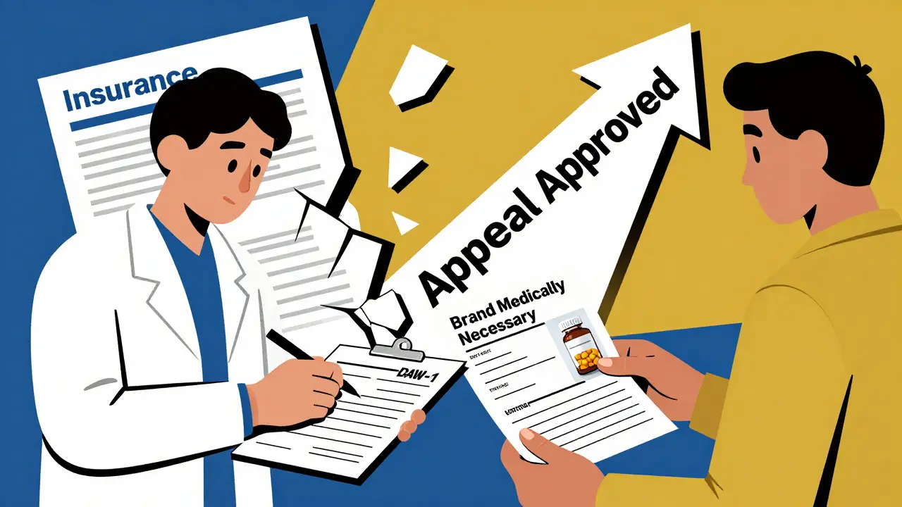 Doctor writes 'Brand Medically Necessary' on prescription as patient submits lab data, insurance form crumbling below.