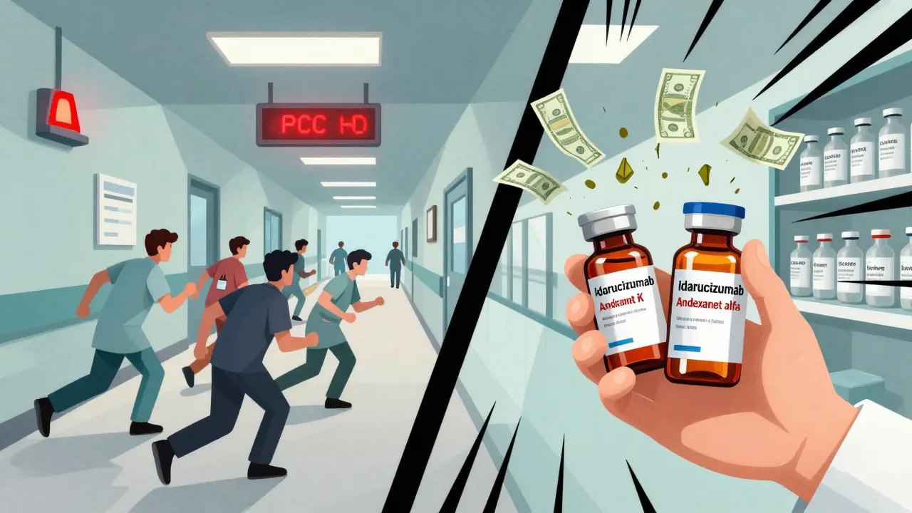 Emergency reversal scene showing expensive DOAC antidotes versus traditional Warfarin treatments in a fragmented hospital setting.