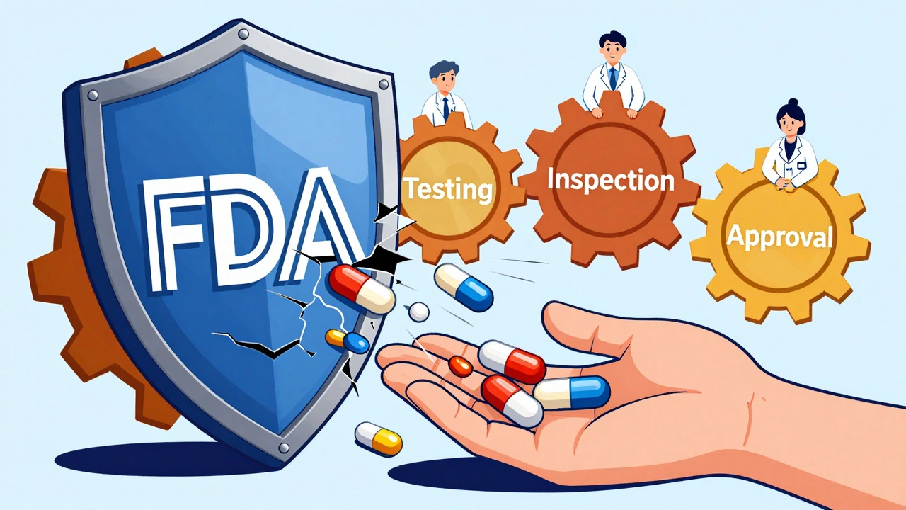 FDA shield opening to release generic pills with bioequivalence percentages, surrounded by scientific gears and icons.