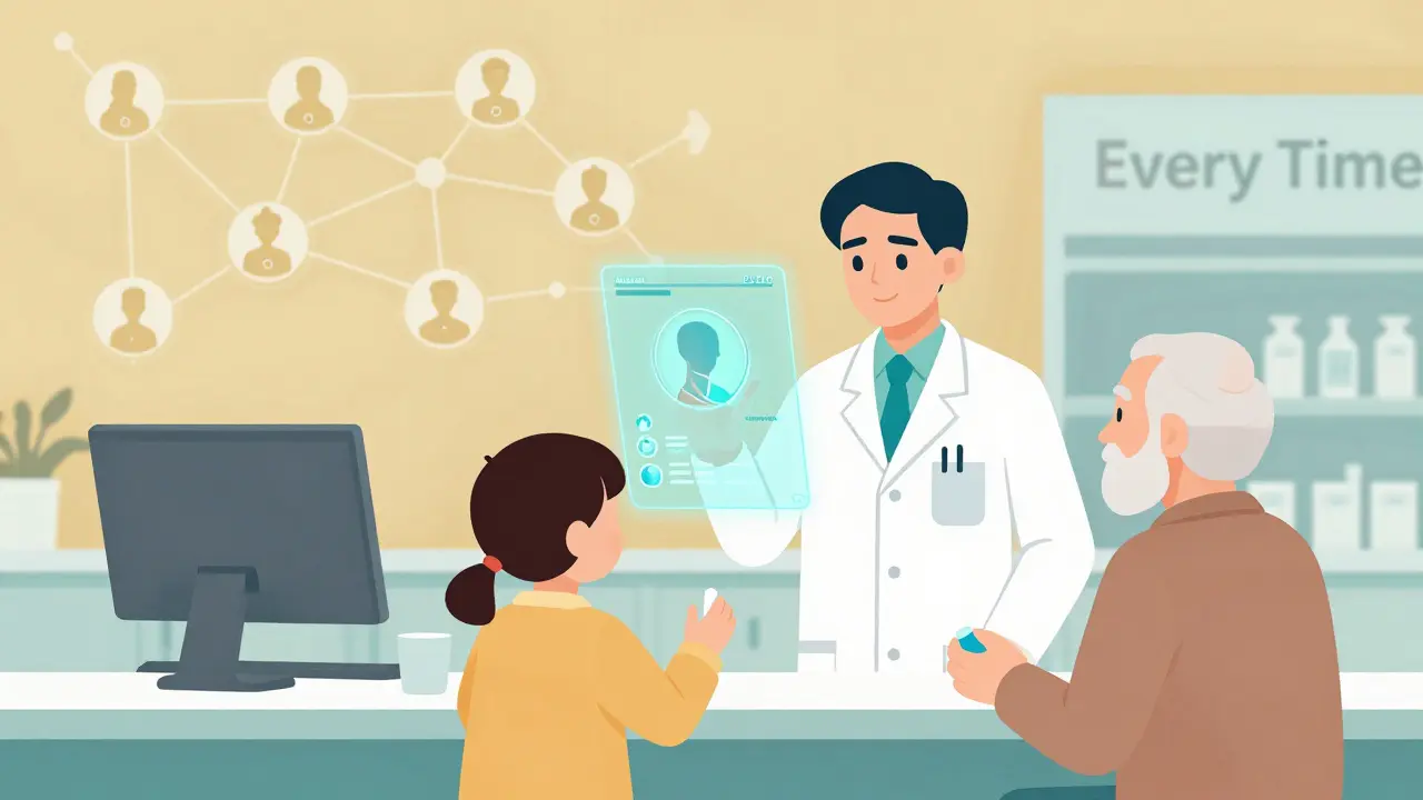Future pharmacy with holographic patient profile displayed via palm scanner, pharmacist and patients receiving correct medication in clean geometric design.