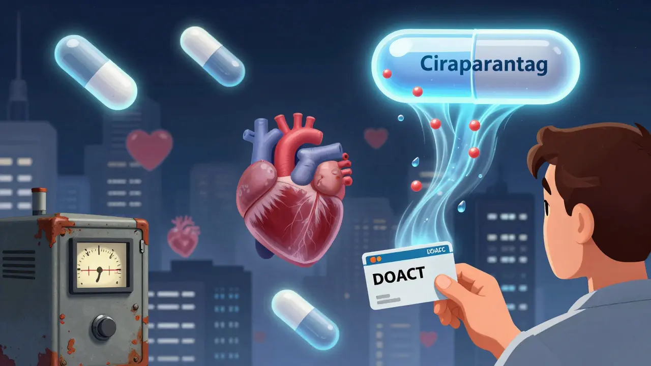 Futuristic medical scene with DOACs rising as the future, Warfarin fading, and a universal reversal agent glowing above.