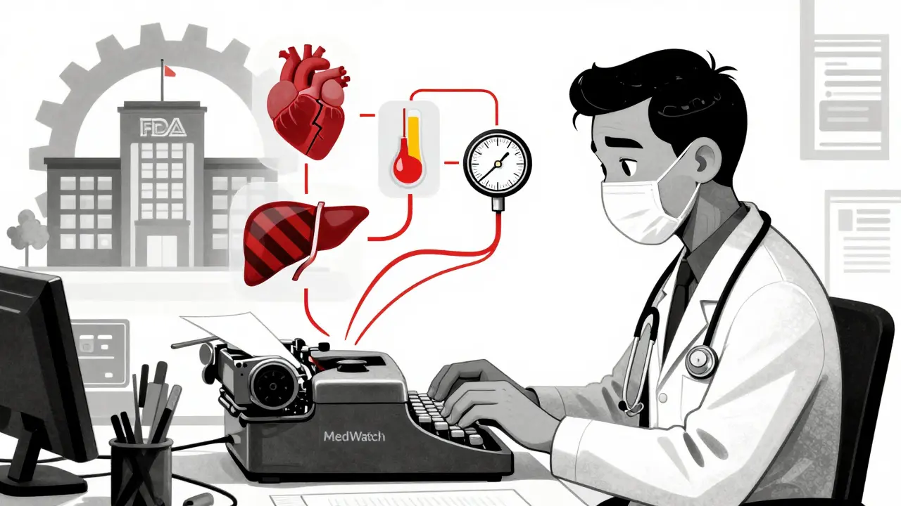 Healthcare worker typing a report as medical icons float above, connected to a gear-shaped FDA building.