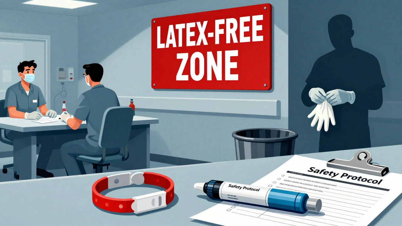 Hospital break room with latex-free policy signage, epinephrine injector, and hidden powdered gloves in shadow.