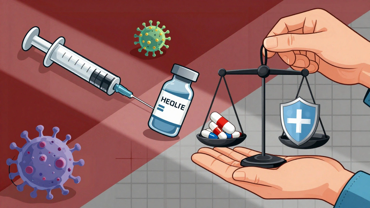 Medical icons on a geometric chart balanced between steroid pill and protective vaccines.