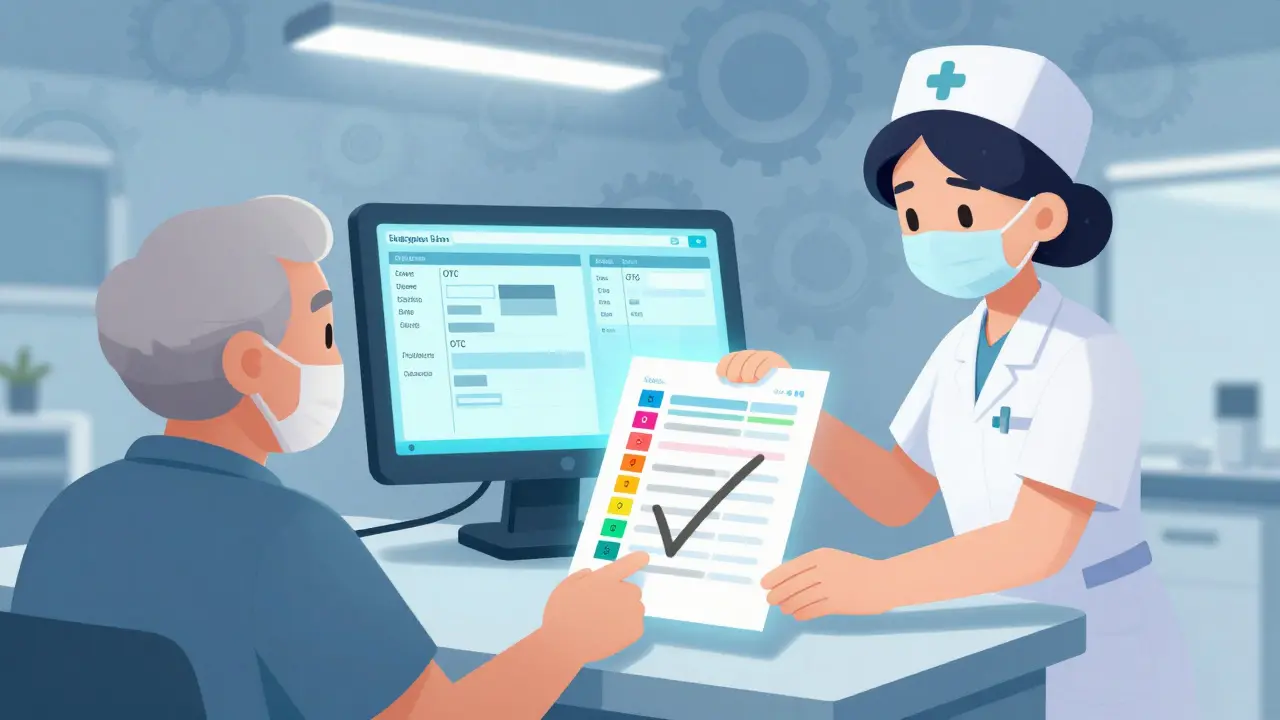 Nurse receiving a paper medication list at a hospital desk, with an incomplete digital record beside her.