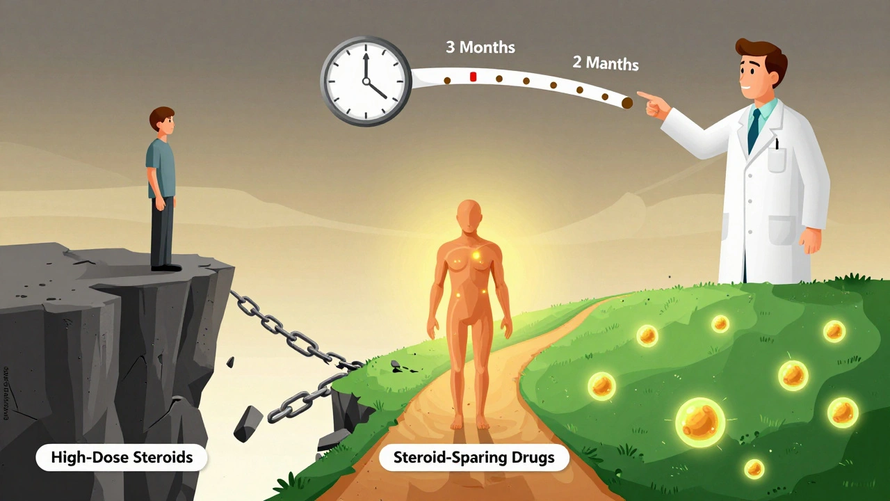 Patient at cliff's edge stepping toward healthy path as clock ticks toward steroid taper.