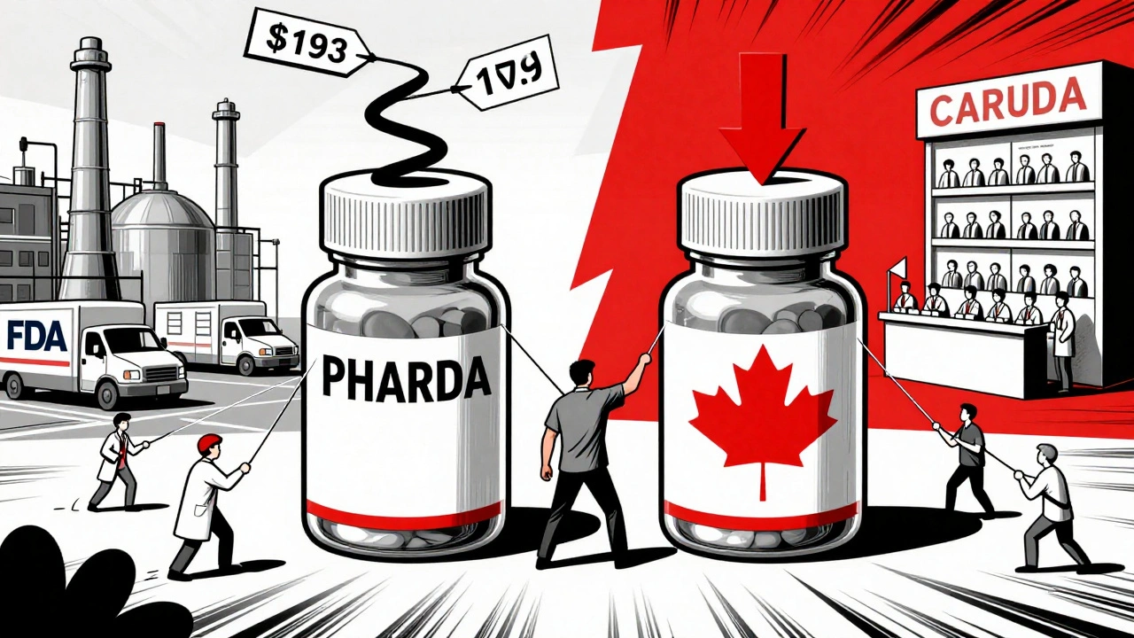 Patient caught between U.S. and Canadian generic pill bottles, market forces pulling on ropes.