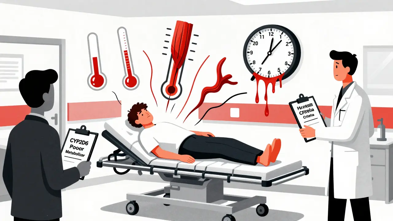 Patient in ER convulsing amid floating symbols of fever, muscle spasms, and metabolic warning labels.