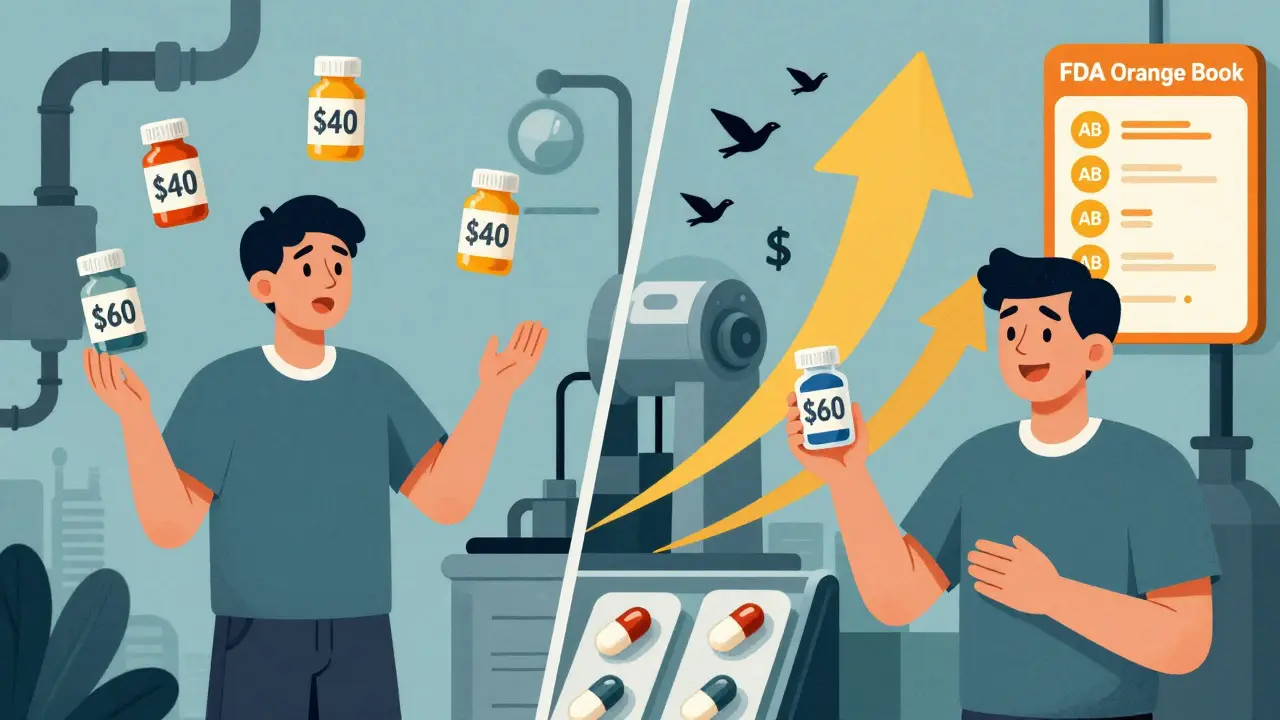 Patient juggling three expensive pills on one side, holding one combo pill with savings arrow on the other side.