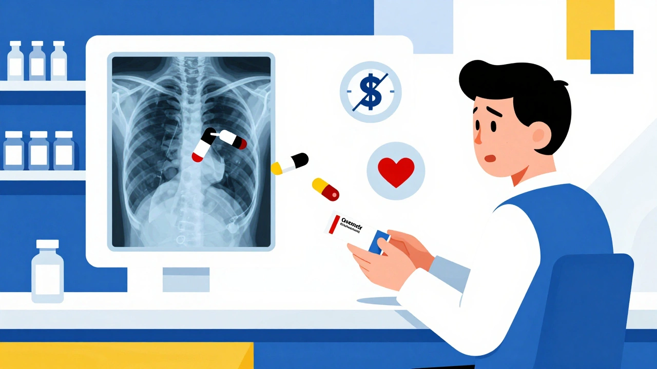 Patient receiving generic medication with transparent view of identical drug molecules entering the bloodstream.