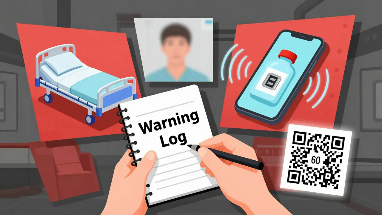 Patient with a warning log notebook, surrounded by illustrated consequences and digital safety tools.