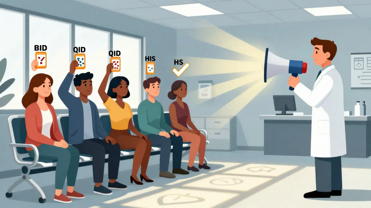 People in clinic transforming confusing pill labels into clear English with pharmacist's help.