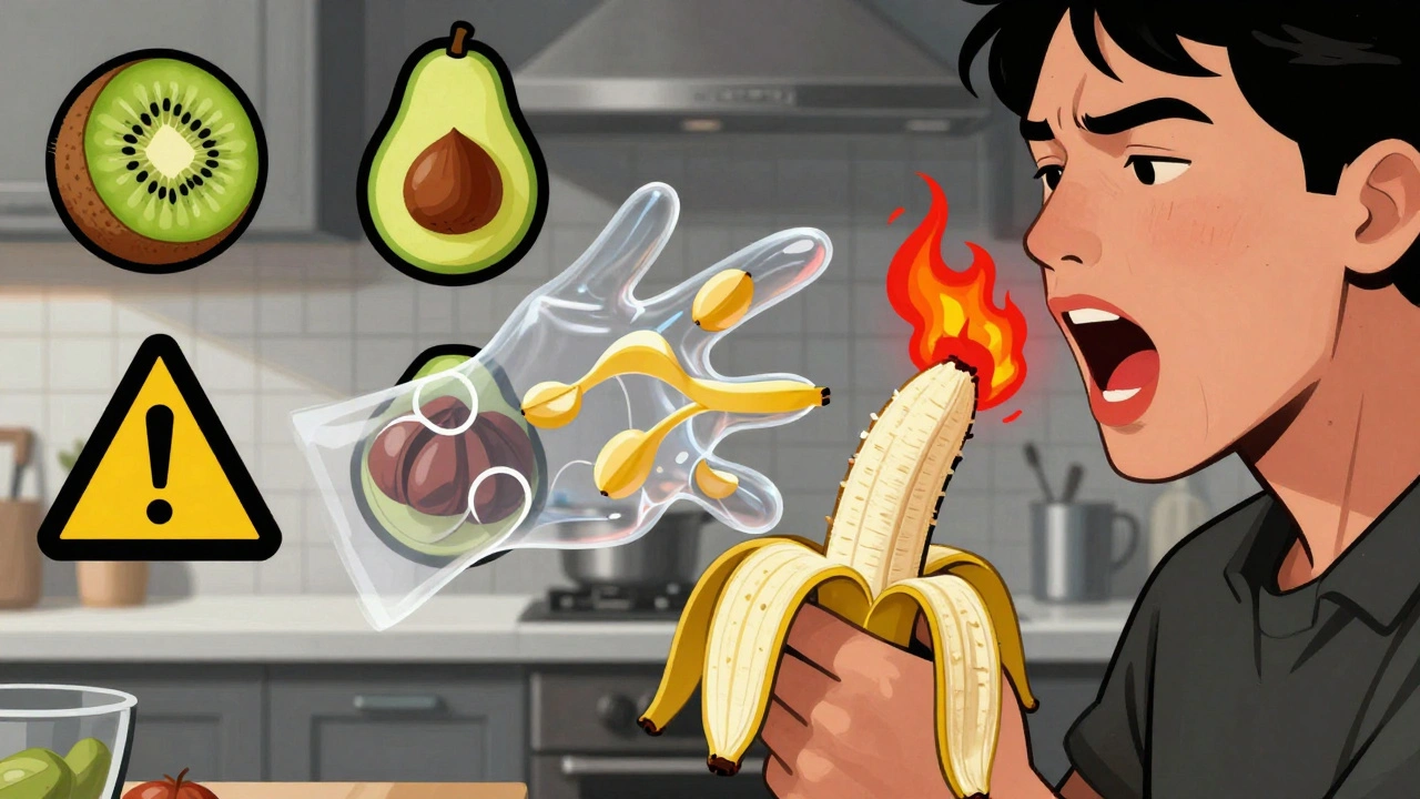 Person eating banana with molecular overlay showing cross-reactivity to latex proteins triggering allergic response.