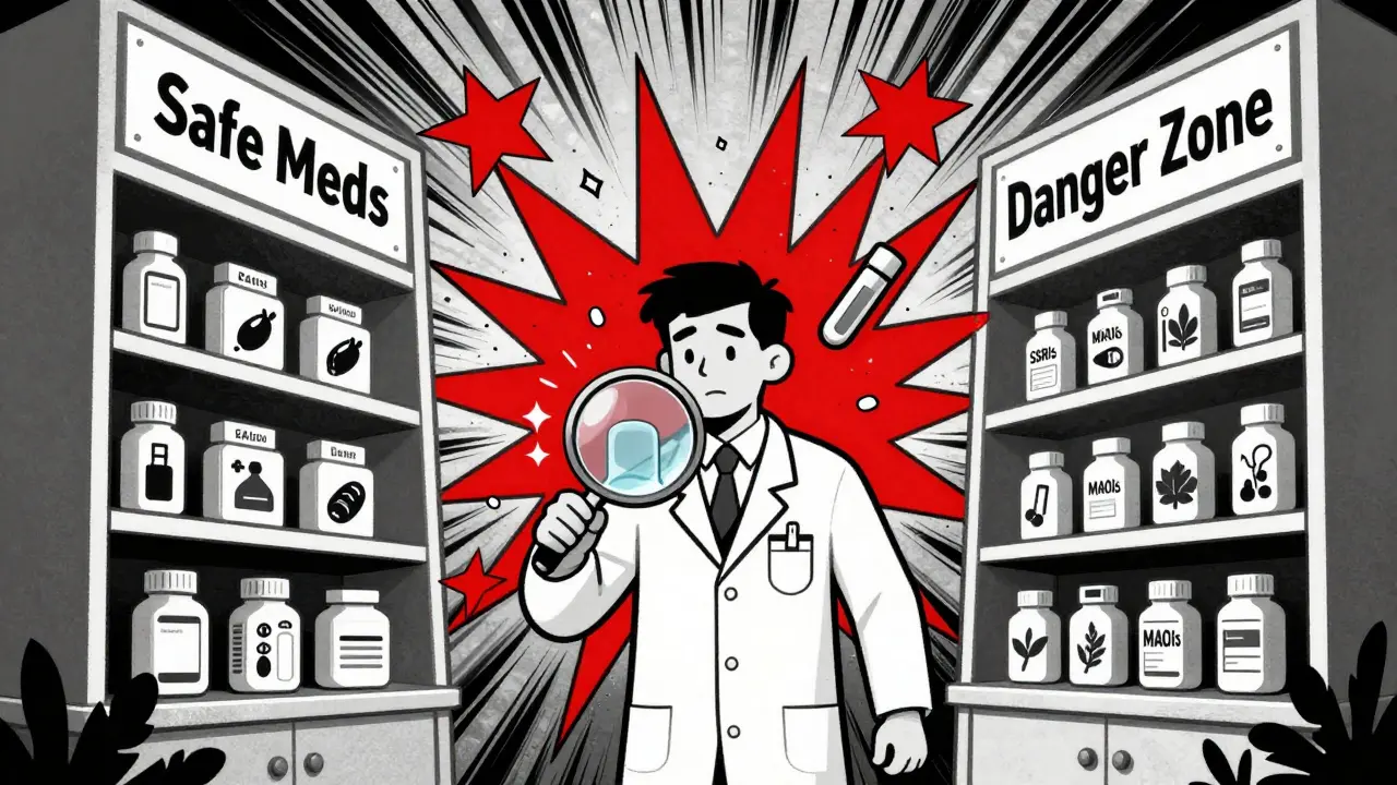 Pharmacist between safe and dangerous medication shelves, with red warning stars and jagged lines indicating risk.