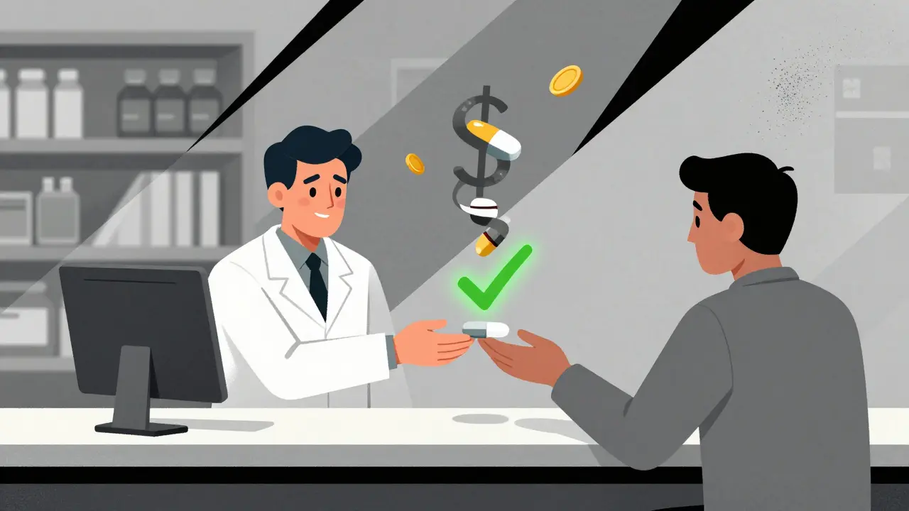 Pharmacist giving a single combination pill to a patient while two separate pills turn into a falling coin.