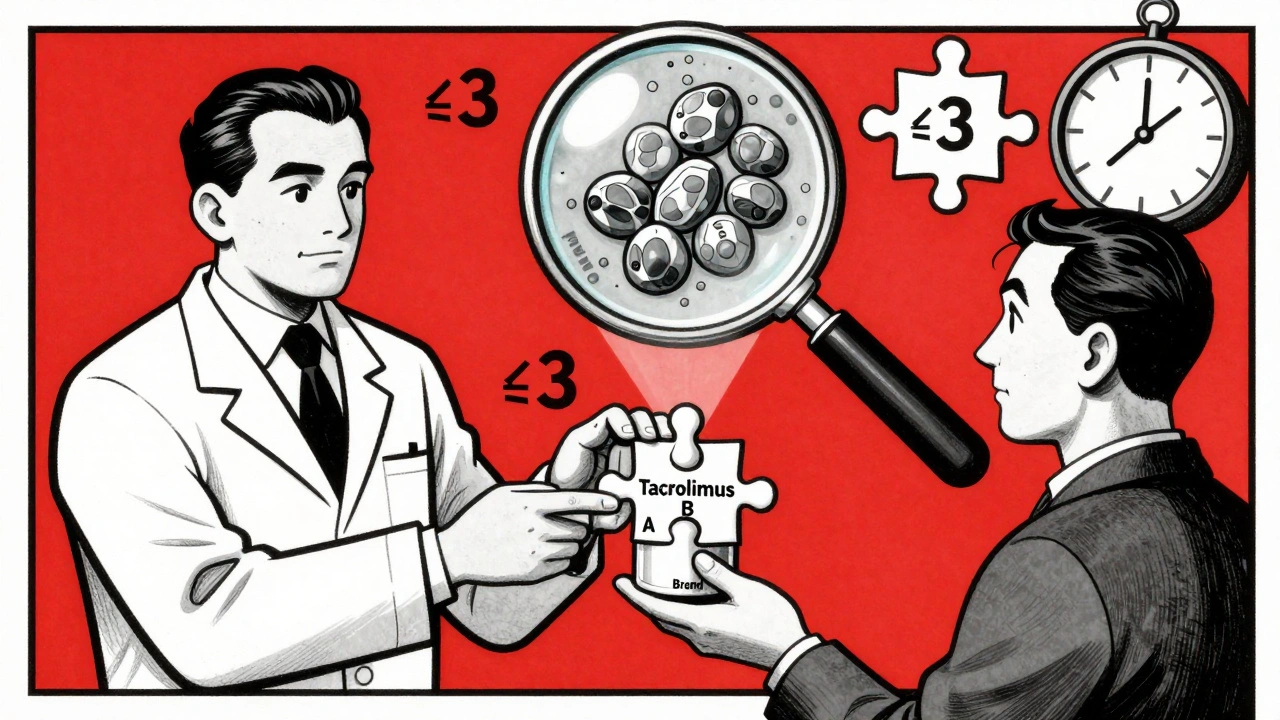 Pharmacist handing a pill bottle that turns into a puzzle of different generic versions, viewed through a magnifying glass.