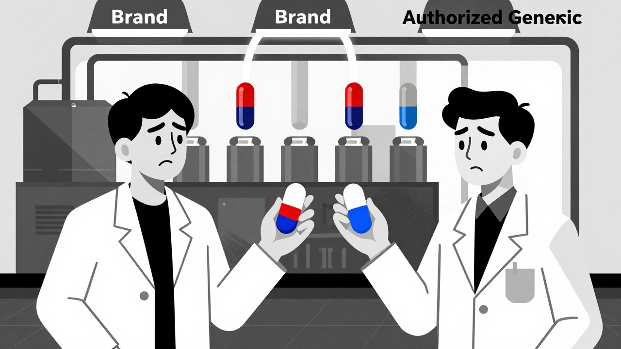 Pharmacist holds two identical pills with different labels as a patient looks confused.
