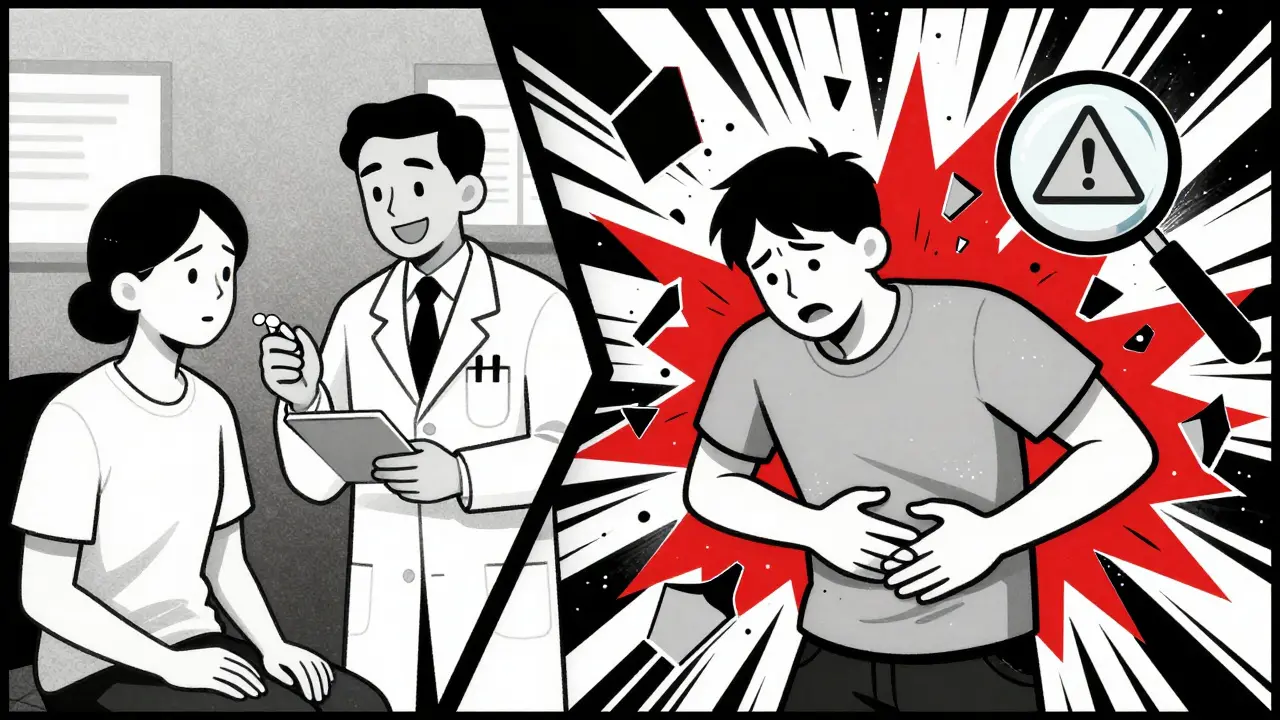 Split illustration: calm pill-taking vs. abdominal pain with exploding symptoms in sharp Constructivist panels.