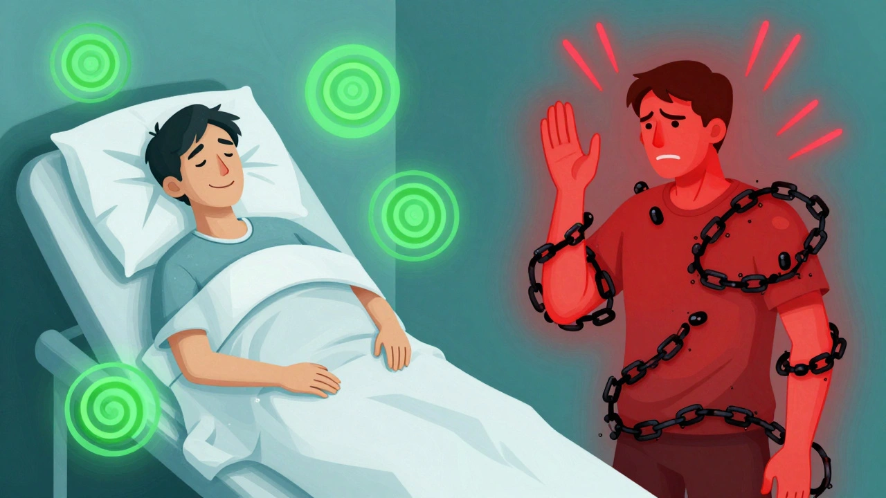 Split image: one side calm with green spirals, the other tangled in black chains as symptoms spread upward due to medication.