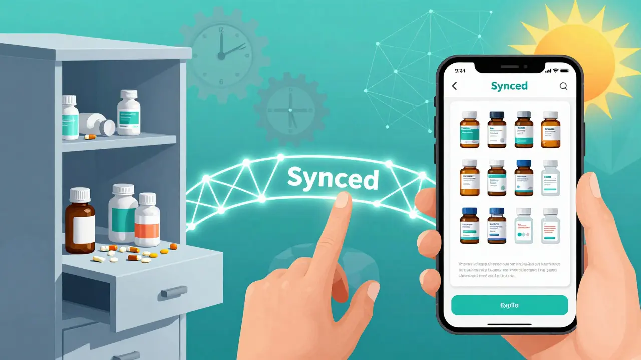 Split image showing chaotic medicine cabinet on one side and organized digital/print list on the other, connected by a glowing bridge.