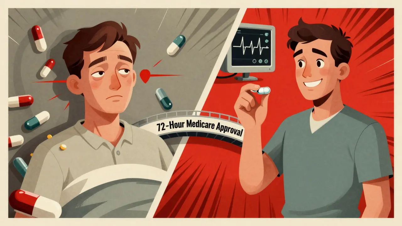 Split scene: sick patient on left, healthy on right, connected by '72-Hour Medicare Approval' bridge in geometric style.