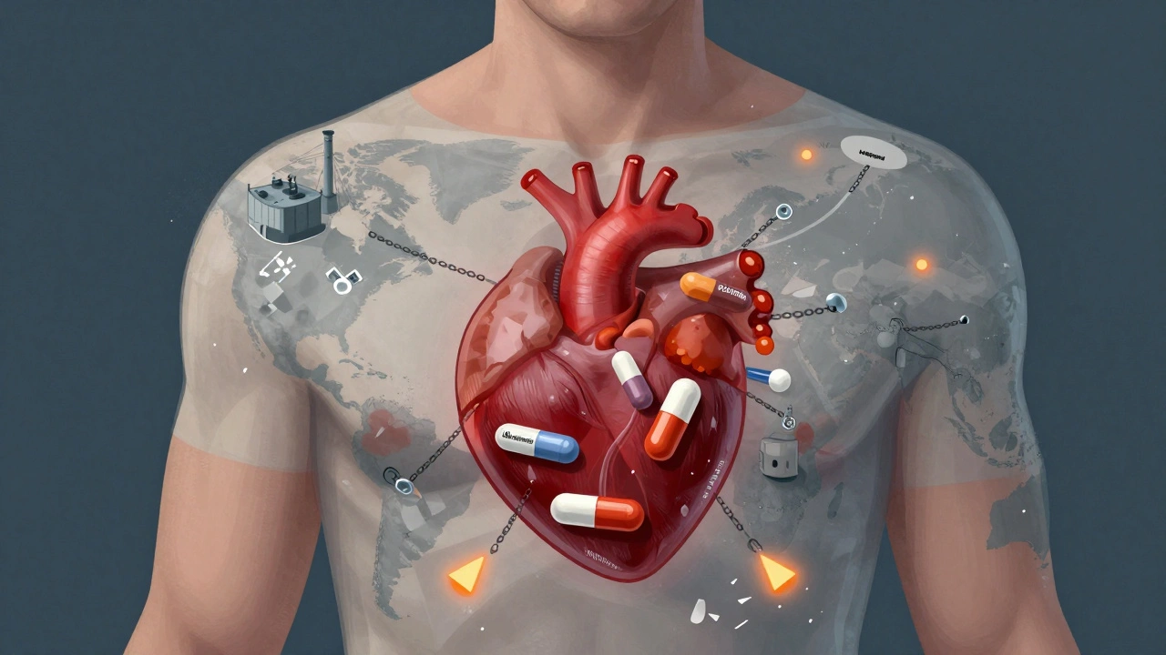 Transparent human body with different generic pills pumping through bloodstream, connected to global factories.