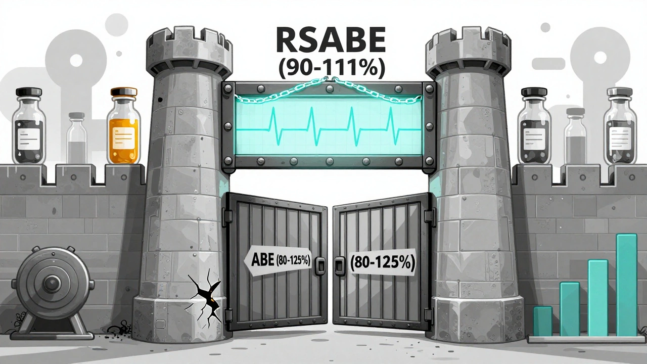 Two-tiered gate system representing FDA bioequivalence tests, with one open and cracked, the other sealed and secure.