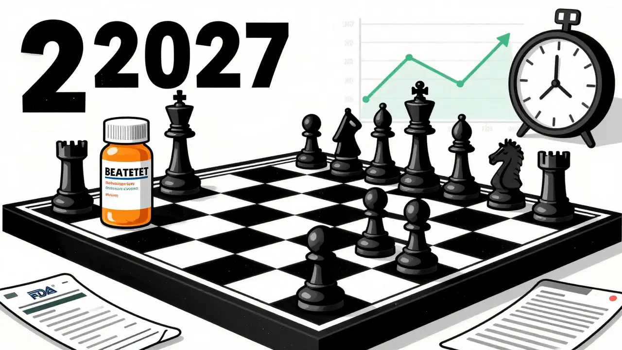 A chessboard with drug bottles as pieces, authorized generic as queen capturing first generics, clock ticking toward 2027 in corner.