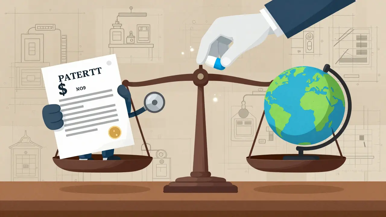 A courtroom scale balances a patent against a stethoscope and globe, balanced by a generic pill.