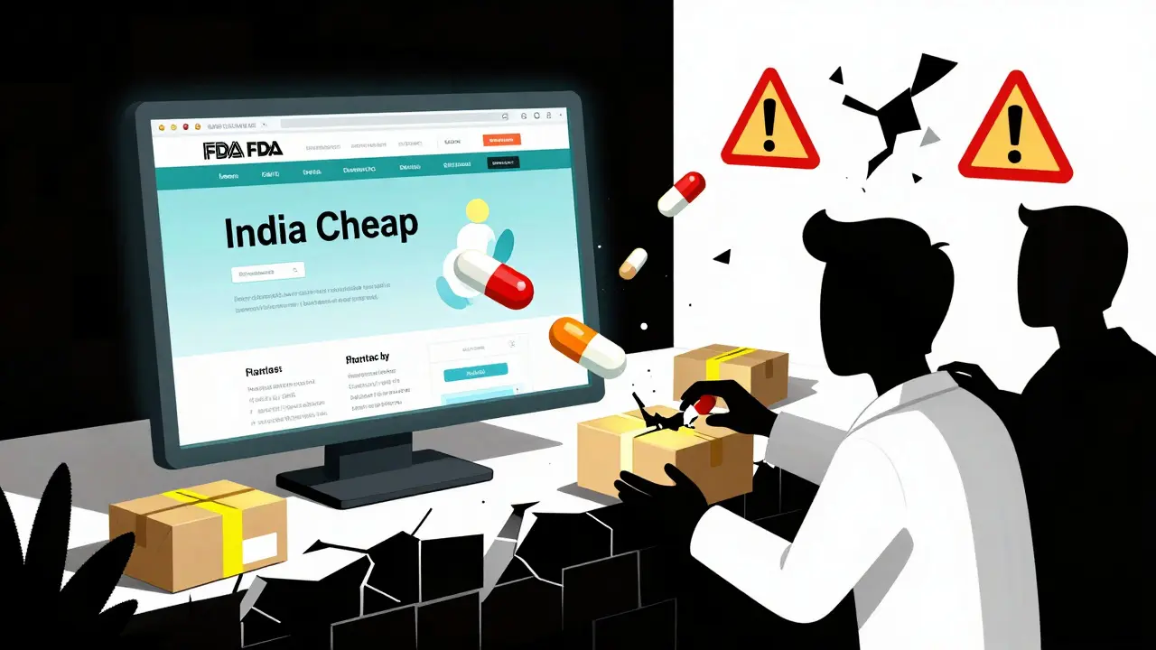 A dangerous online pharmacy scene with fake pills and warning symbols in a Constructivist style.