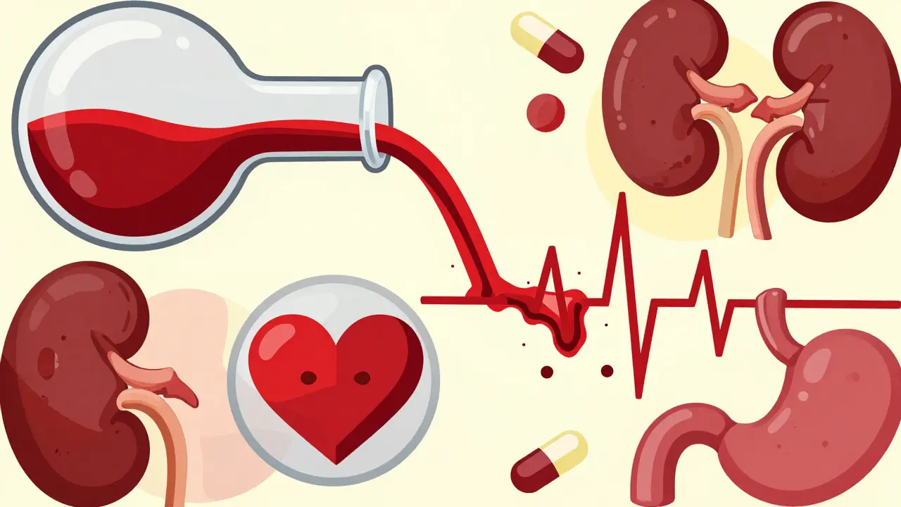 A flask splits into two paths—one steady heart, one chaotic ECG—showing bioavailability differences.