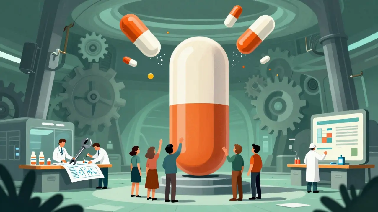 A giant generic pill monument in a hospital plaza, with crumbling brand-name biologics above as workers build new versions.