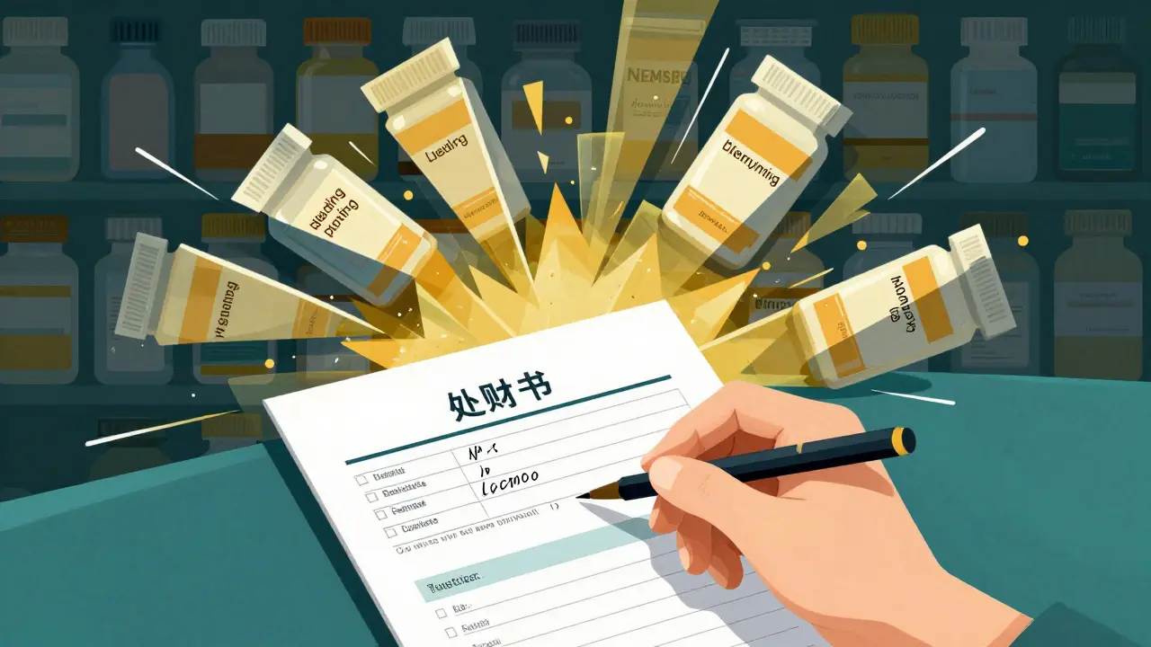 A hospital form being filled out as supplement bottles explode into geometric shards revealing hidden health risks.