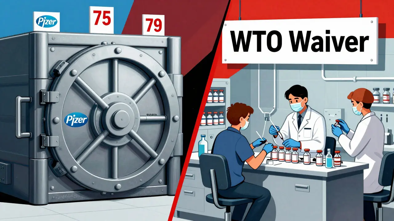A locked pharmaceutical vault contrasts with an open vaccine factory under the WTO waiver banner.