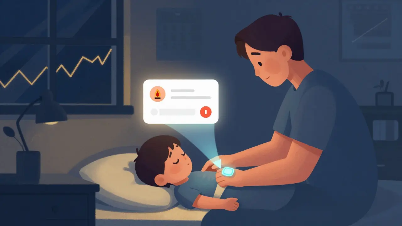 A parent watching a sleeping child, with a floating downward trend arrow from the child’s arm sensor, symbolizing a predictive low alert.