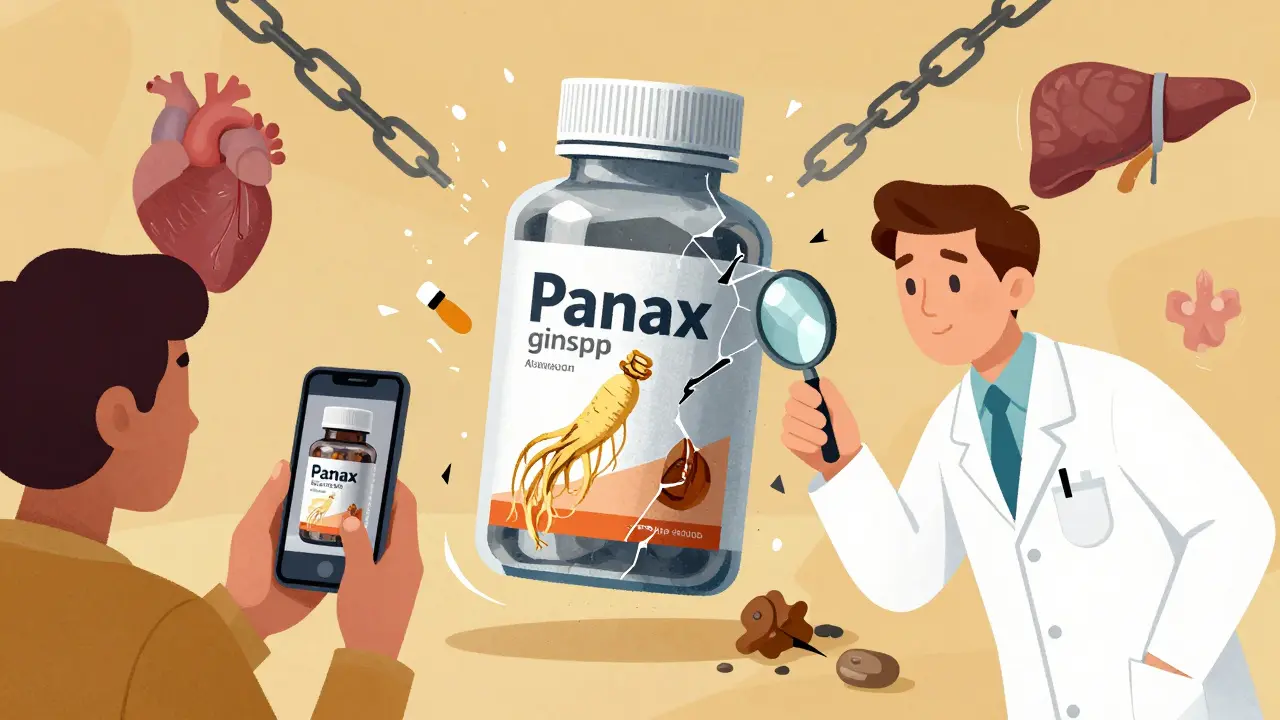 A patient shows a supplement label photo to a doctor examining a floating, fragmented bottle with labeled ingredients.