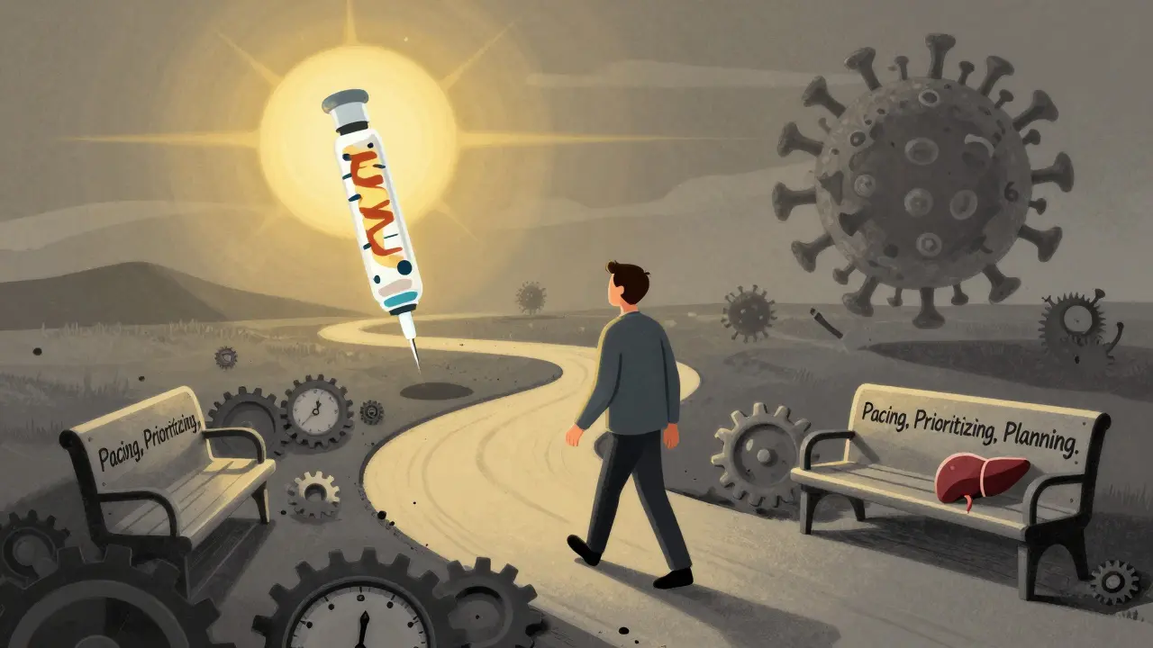 A person walking a recovery path under a rising mRNA vaccine sun, with a healed spleen in their pocket.