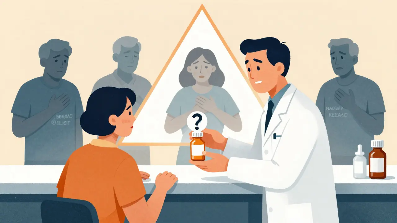 A pharmacist hands a pill bottle to an elderly patient while shadowy figures show distress, symbolizing hidden risks.