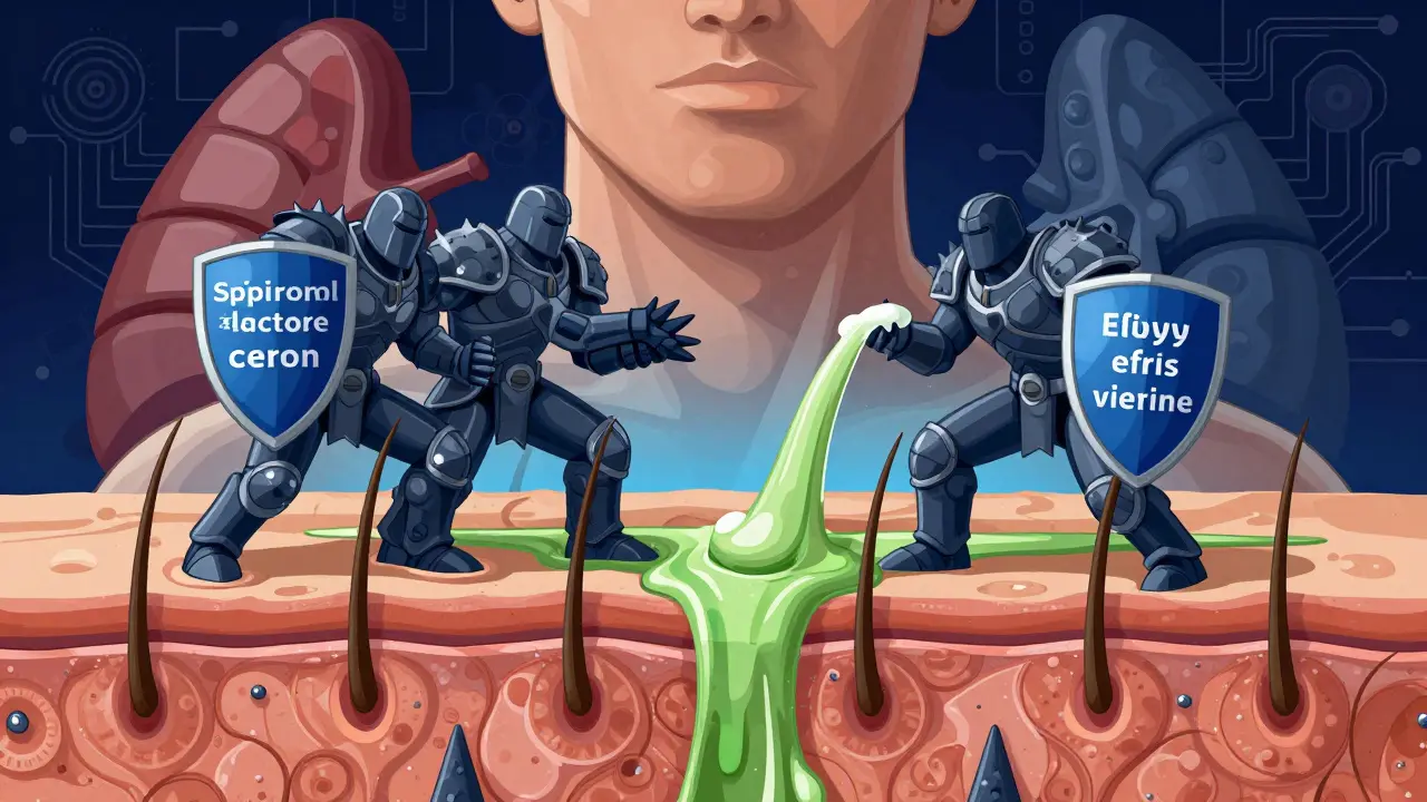 Abstract internal body scene where hormone molecules are blocked by shields, and cream slows hair growth along follicles.