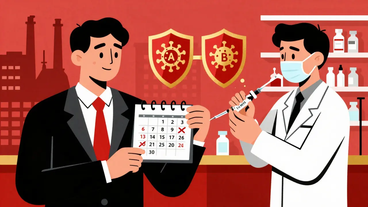 Adult receiving Twinrix vaccine at a pharmacy, with virus icons dissolving into shields, contrasting missed doses on one side.