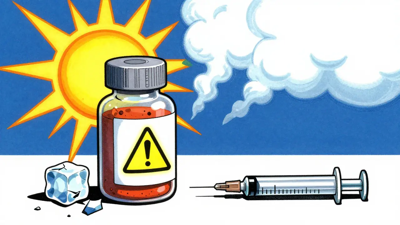 Antibiotic bottle under heat and humidity attack, label glowing, syringe beside it, industrial Constructivist style.