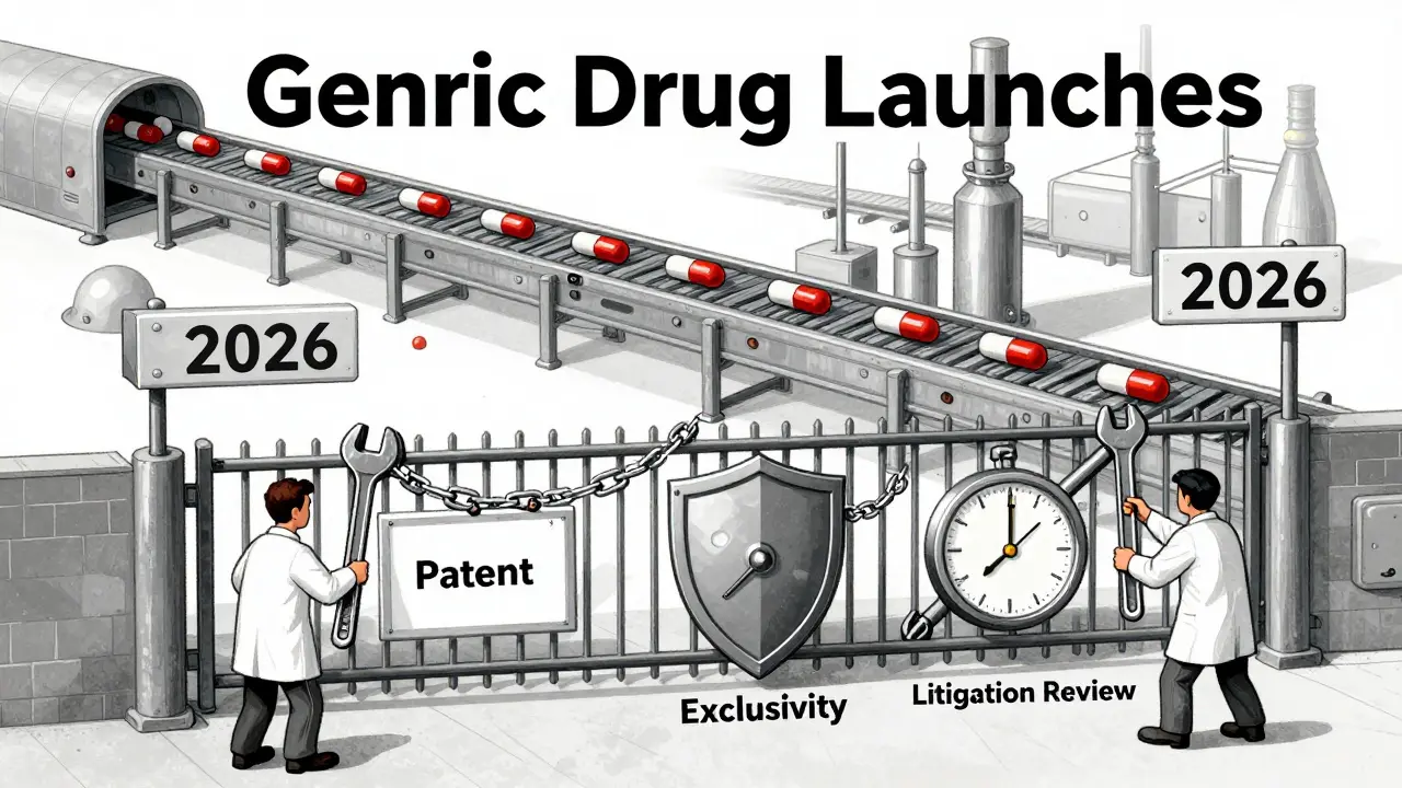 Conveyor belt of drug capsules blocked by patent, exclusivity, and clock barriers