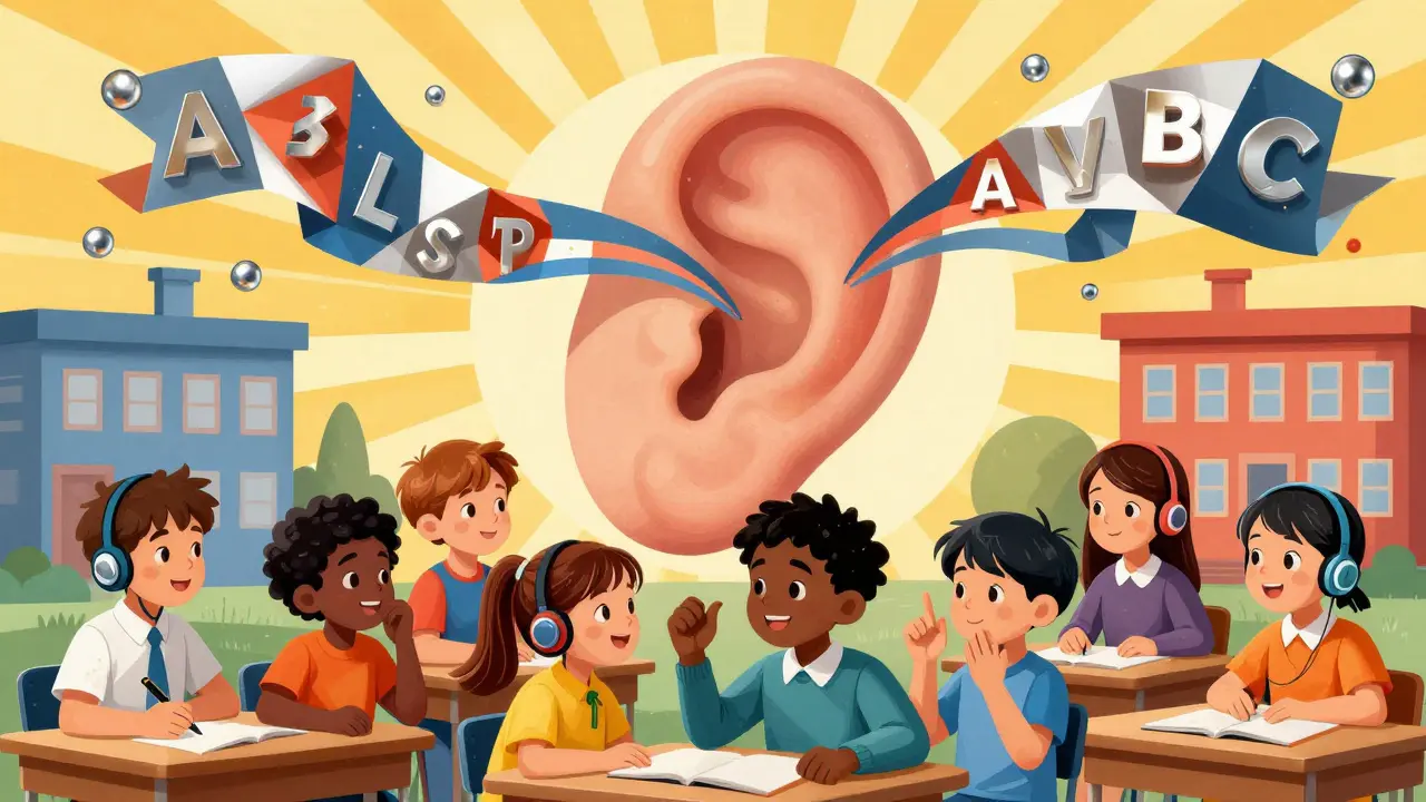 Diverse children in classroom receiving sound through hearing aids and sign language, with geometric sound waves transforming into words.
