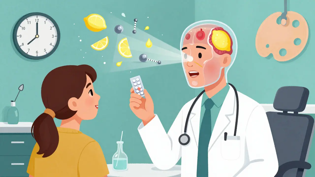 Doctor giving polymer-coated lithium pill as taste buds reset with light and zinc molecules, in geometric Constructivist medical scene.