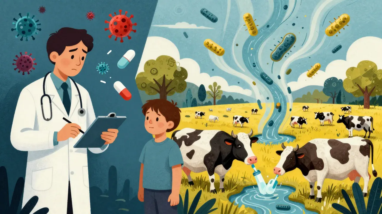 Doctor hesitating over prescription while resistant bacteria spread from farm to river in a fractured Constructivist composition.